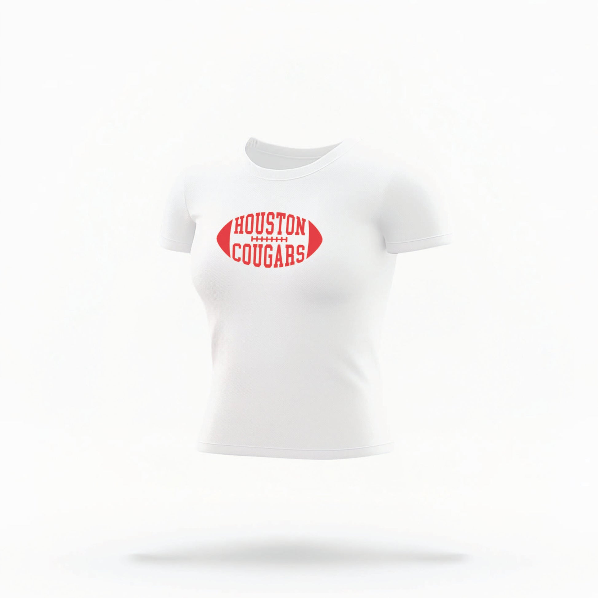 The White Houston Cougars Football Crop Top lays flat on a white background. The Houston Cougars Football graphic is in bold Red in a Football Shaped style.