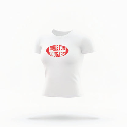 The White Houston Cougars Football Crop Top lays flat on a white background. The Houston Cougars Football graphic is in bold Red in a Football Shaped style.