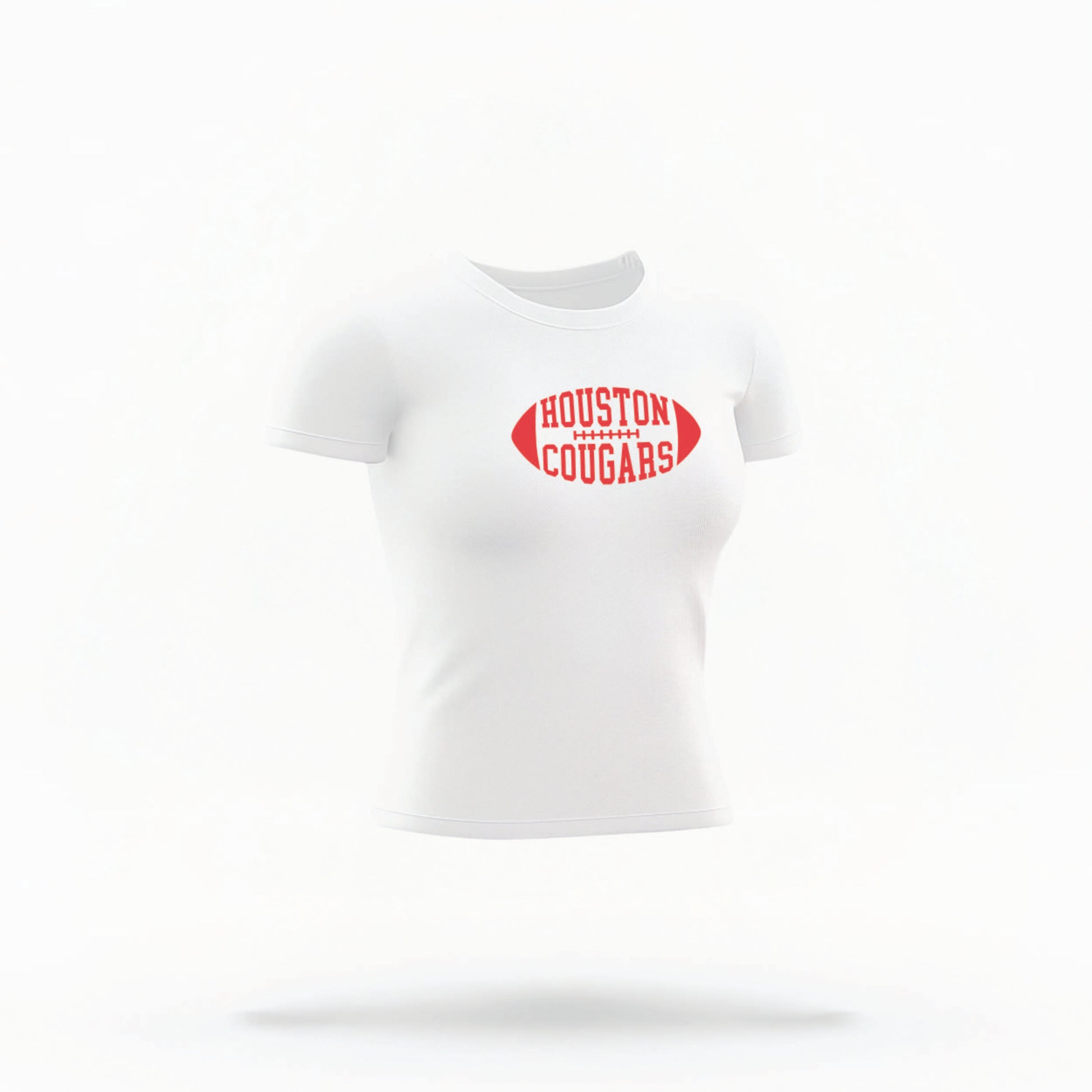 The White Houston Cougars Football Crop Top lays flat on a white background. The Houston Cougars Football graphic is in bold Red in a Football Shaped style.