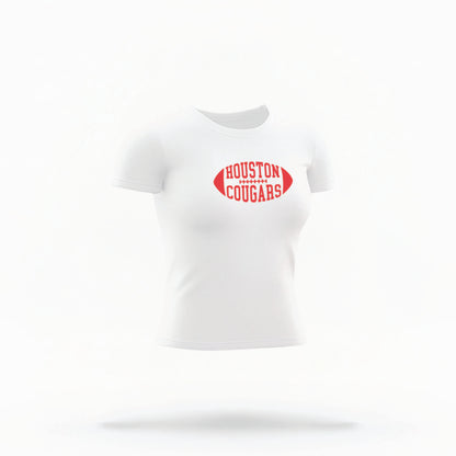 The White Houston Cougars Football Crop Top lays flat on a white background. The Houston Cougars Football graphic is in bold Red in a Football Shaped style.