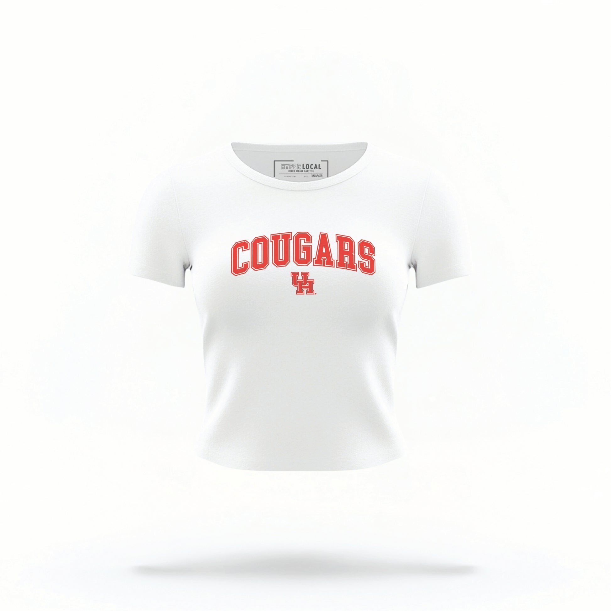 The White Houston Cougars Varsity Crop Top lays flat on a white background. The ﻿Houston Cougars Varsity﻿ graphic is in bold Red in a Collegiate style.