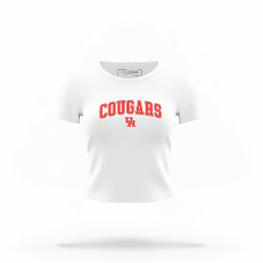 The White Houston Cougars Varsity Crop Top lays flat on a white background. The ﻿Houston Cougars Varsity﻿ graphic is in bold Red in a Collegiate style.