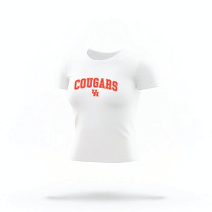 The White Houston Cougars Varsity Crop Top lays flat on a white background. The ﻿Houston Cougars Varsity﻿ graphic is in bold Red in a Collegiate style.