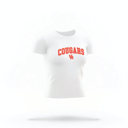 The White Houston Cougars Varsity Crop Top lays flat on a white background. The ﻿Houston Cougars Varsity﻿ graphic is in bold Red in a Collegiate style.