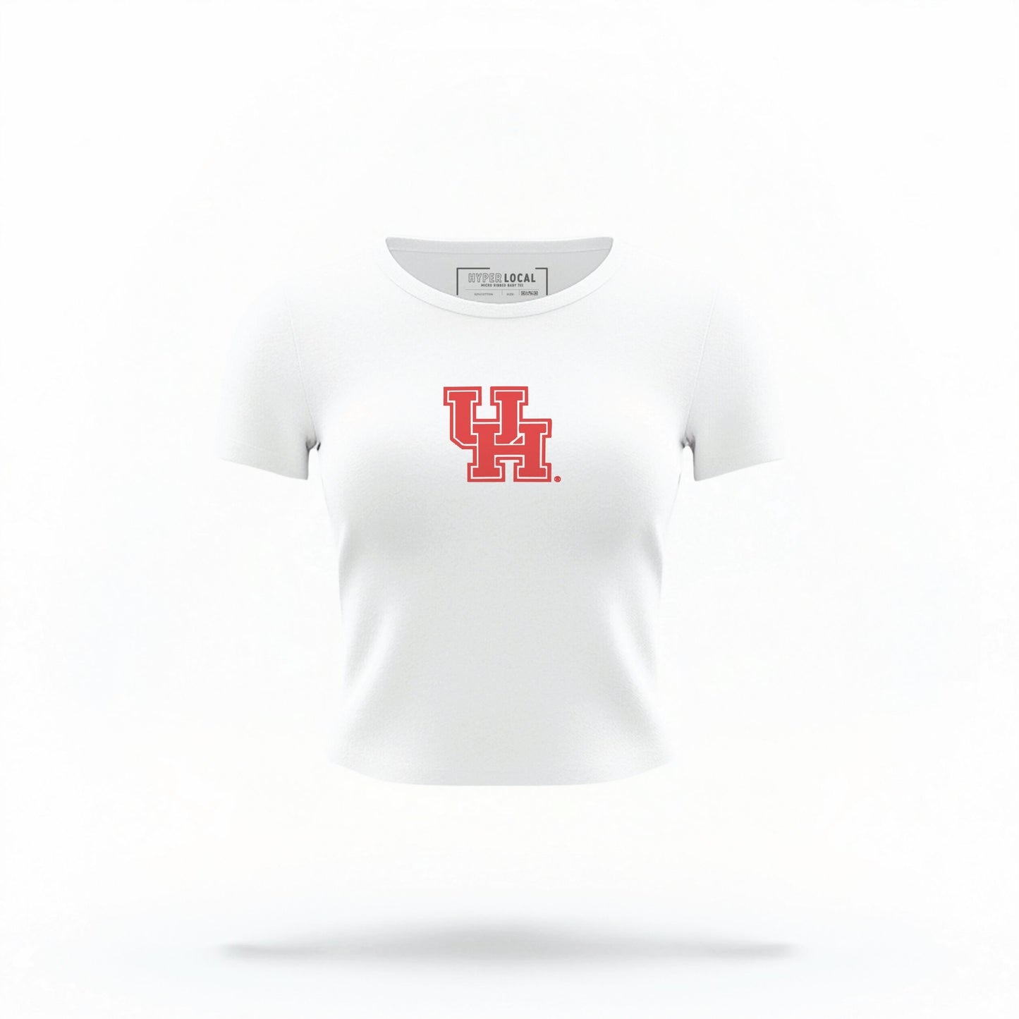 The White Houston Cougars Logo Crop Top lays flat on a white background. The ﻿Houston Cougars Logo﻿ graphic is in bold Red in a Collegiate style.