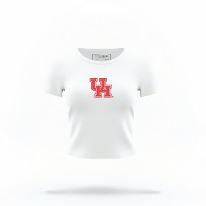 The White Houston Cougars Logo Crop Top lays flat on a white background. The ﻿Houston Cougars Logo﻿ graphic is in bold Red in a Collegiate style.