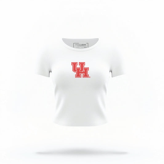 The White Houston Cougars Logo Crop Top lays flat on a white background. The ﻿Houston Cougars Logo﻿ graphic is in bold Red in a Collegiate style.