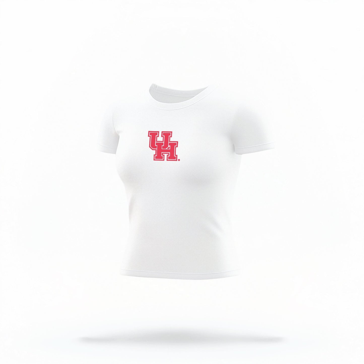 The White Houston Cougars Logo Crop Top lays flat on a white background. The ﻿Houston Cougars Logo﻿ graphic is in bold Red in a Collegiate style.