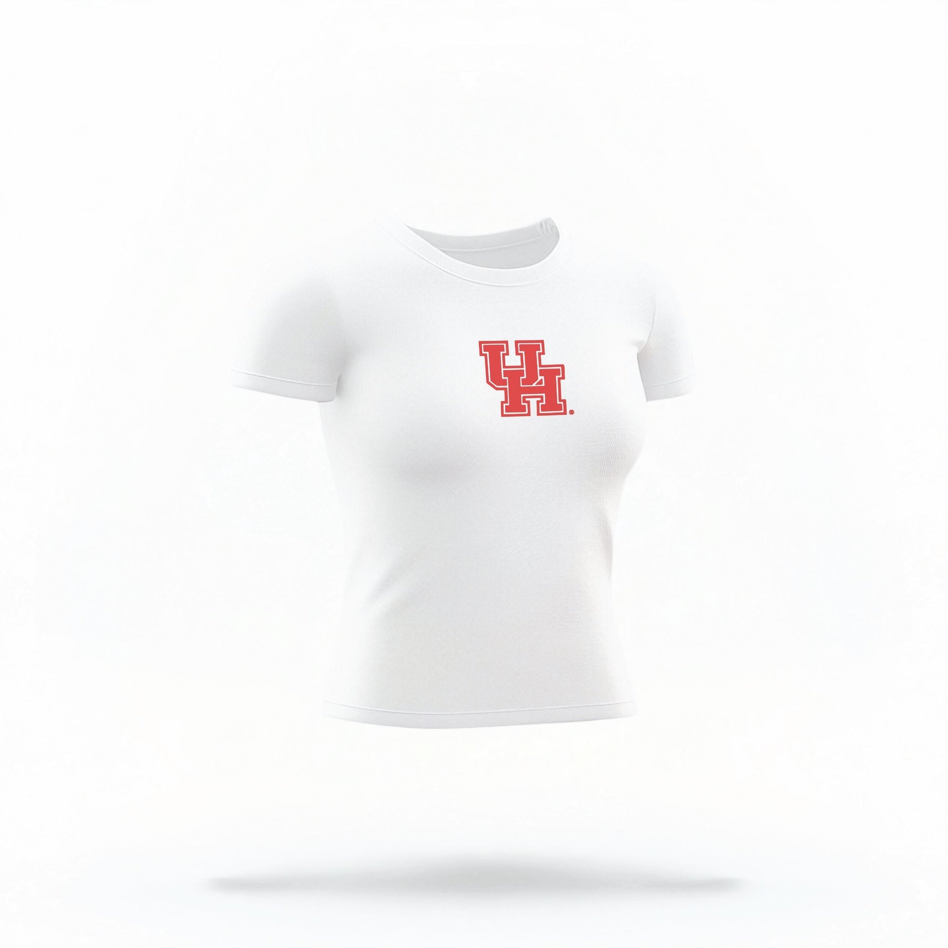 The White Houston Cougars Logo Crop Top lays flat on a white background. The ﻿Houston Cougars Logo﻿ graphic is in bold Red in a Collegiate style.