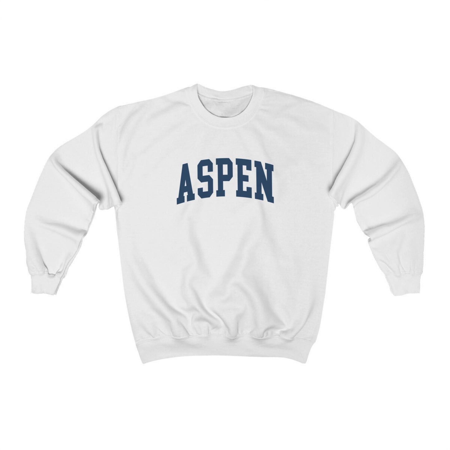 The White Aspen Colorado Varsity Crewneck Sweatshirt lays flat on a white background. The ﻿Aspen Colorado Varsity﻿ graphic is in bold Navy in a Collegiate style.