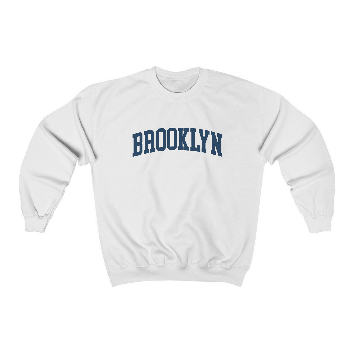 The White Adult Unisex Brooklyn NY Collegiate Crewneck Sweatshirt lays flat on a white background. The ﻿Brooklyn NY Collegiate﻿ graphic is in bold Navy in a Varsity style.