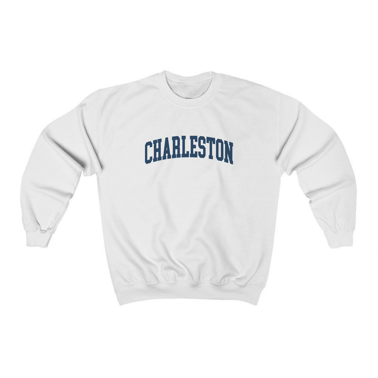 The White Adult Unisex Charleston SC Collegiate Crewneck Sweatshirt lays flat on a white background. The ﻿Charleston SC Collegiate﻿ graphic is in bold Navy in a Varsity style.