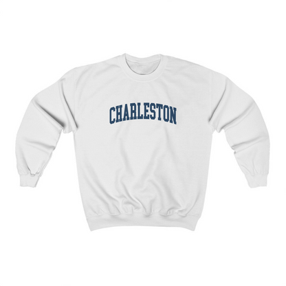 The White Adult Unisex Charleston SC Collegiate Crewneck Sweatshirt lays flat on a white background. The ﻿Charleston SC Collegiate﻿ graphic is in bold Navy in a Varsity style.