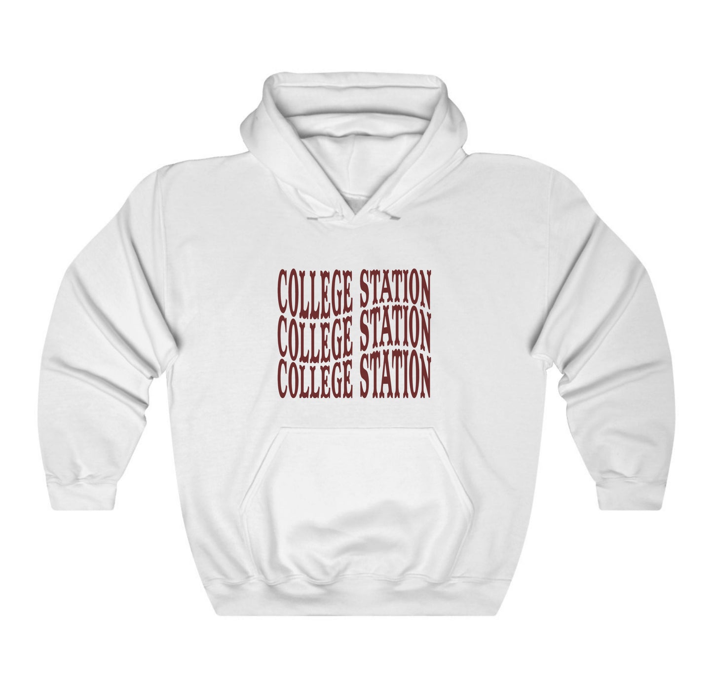 The White Adult Unisex College Station Western Hooded Sweatshirt lays flat on a white background. The ﻿College Station Western﻿ graphic is in bold Maroon in a Western style.