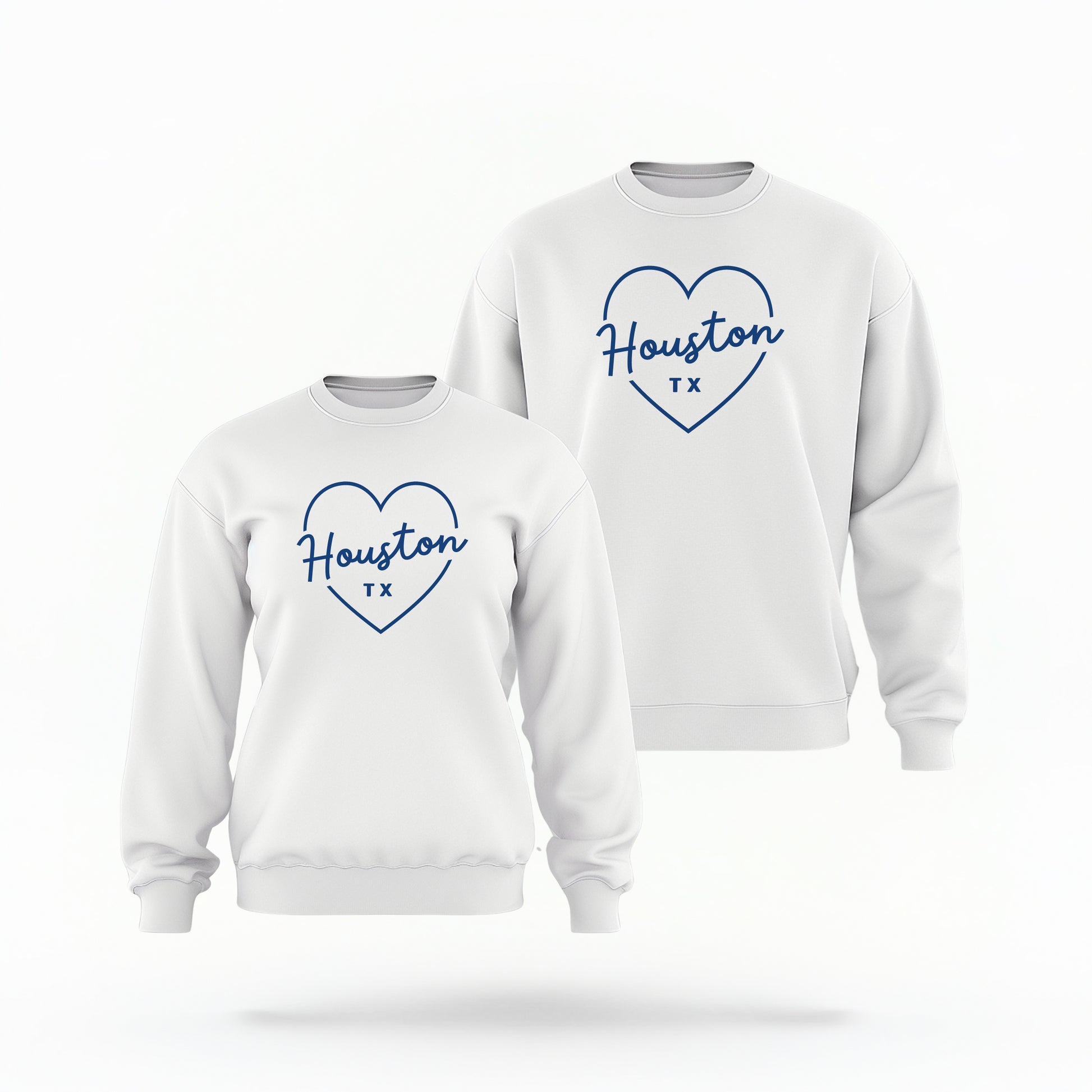 The White Houston TX Love Crewneck Sweatshirt lays flat on a white background. The ﻿Houston TX Love﻿ graphic is in bold Navy in a Script style.