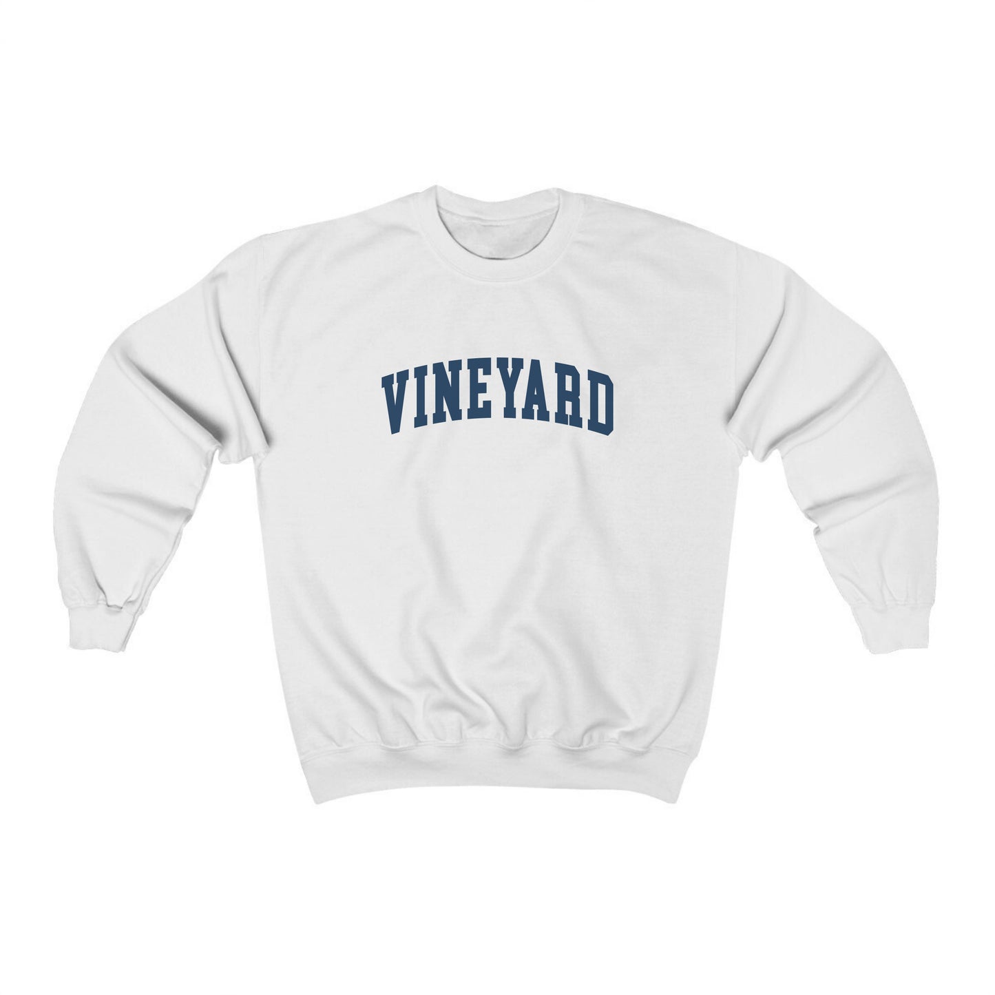 The White Adult Unisex Martha's Vineyard Massachusetts Classic Crewneck Sweatshirt lays flat on a white background. The ﻿Martha's Vineyard Massachusetts Classic﻿ graphic is in bold Navy in a Varsity style.