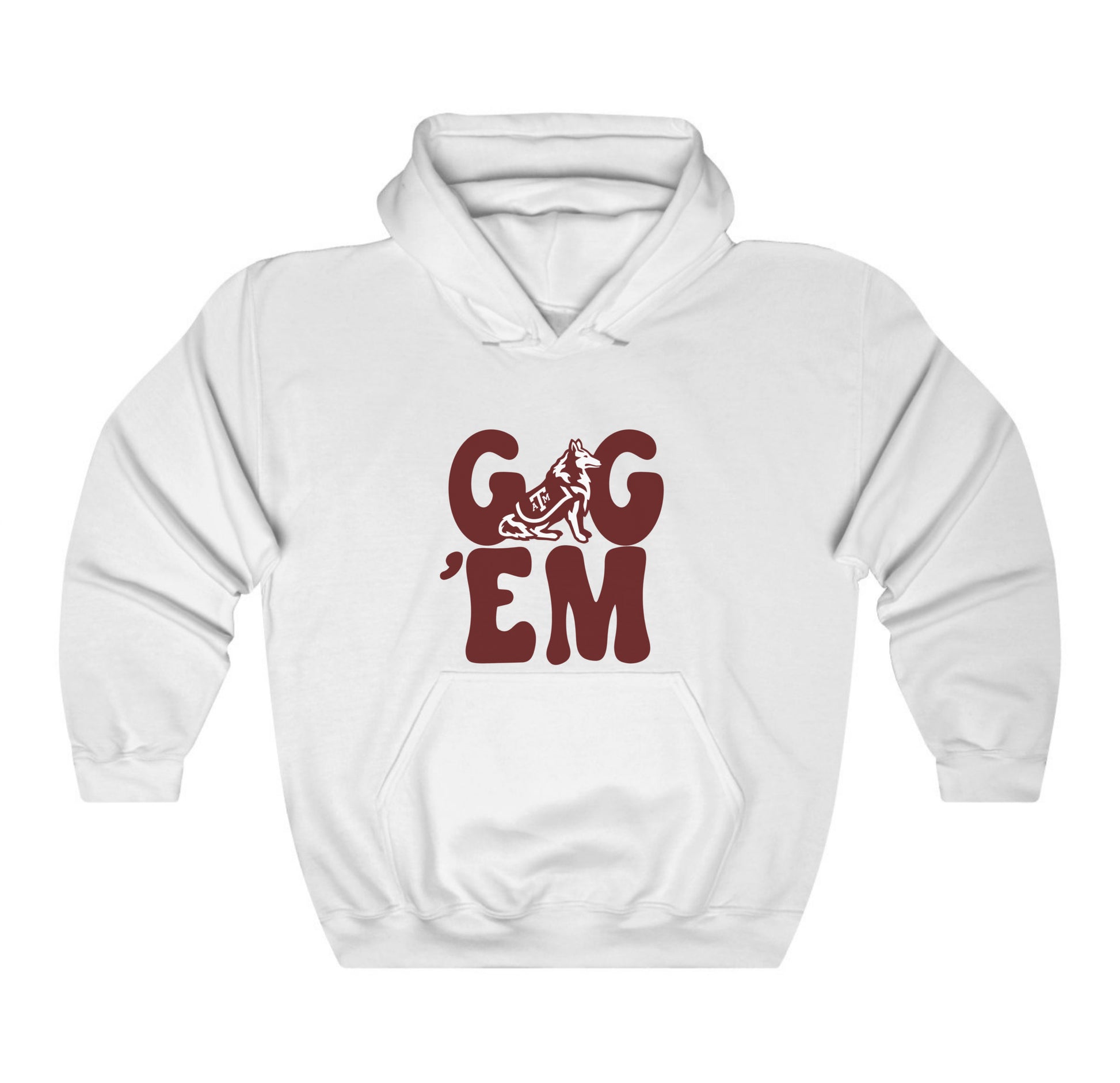 The White Adult Unisex Texas A&M Gig 'Em Retro Reveille Hooded Sweatshirt lays flat on a white background. The ﻿Texas A&M Gig 'Em Retro Reveille﻿ graphic is in bold Maroon in a Groovy Vintage style.