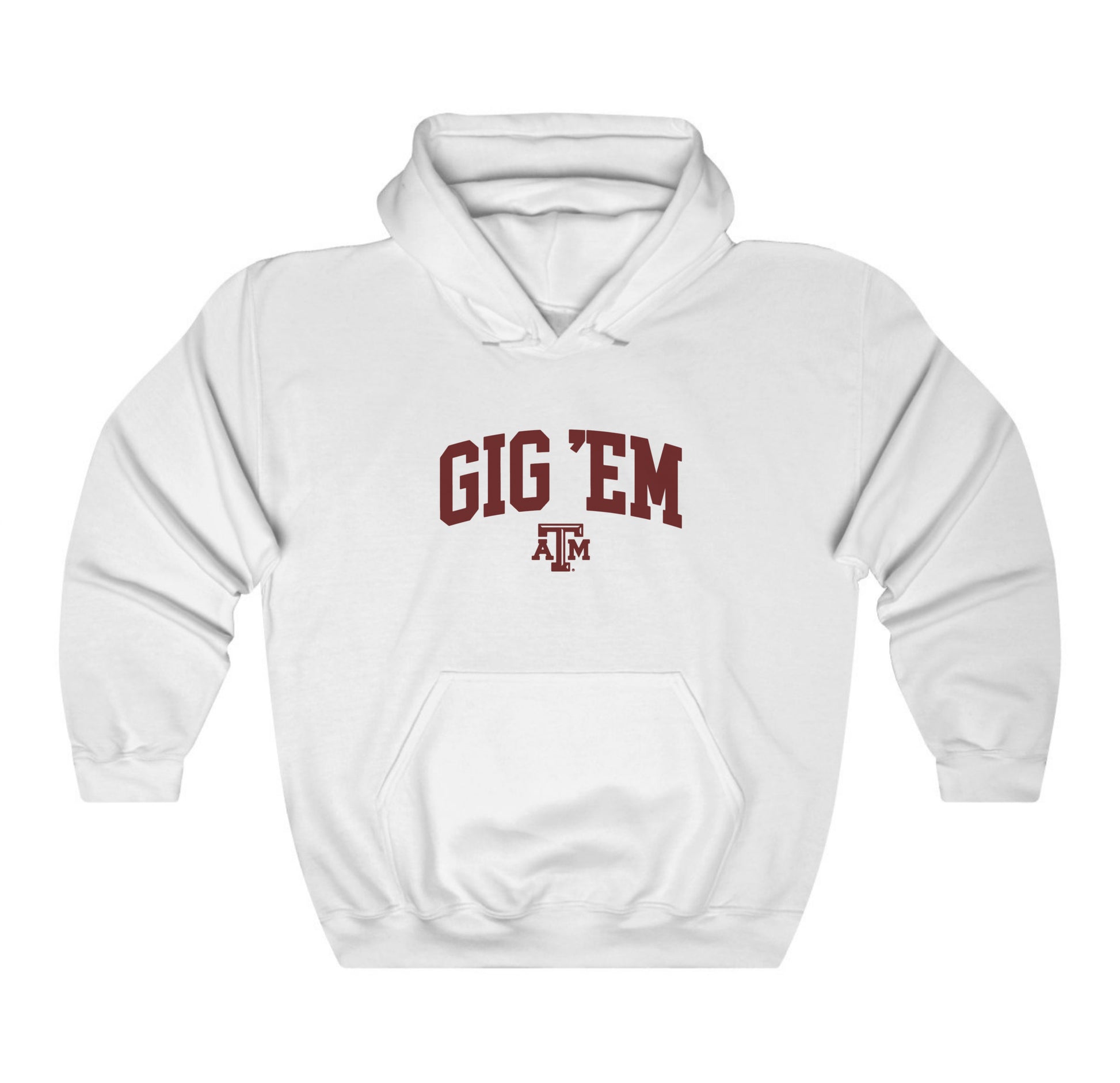 The White Adult Unisex Texas A&M Gig 'Em Collegiate Hooded Sweatshirt lays flat on a white background. The ﻿Texas A&M Gig 'Em Collegiate﻿ graphic is in bold Maroon in a Collegiate style.