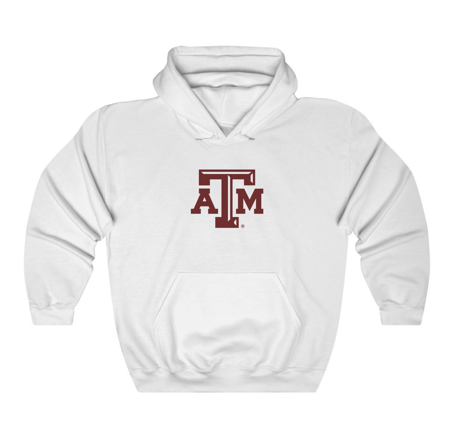 The White Adult Unisex Texas A&M Logo Hooded Sweatshirt lays flat on a white background. The ﻿Texas A&M Logo﻿ graphic is in bold Maroon in a Varsity style.