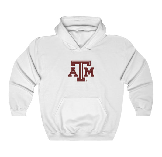 The White Adult Unisex Texas A&M Logo Hooded Sweatshirt lays flat on a white background. The ﻿Texas A&M Logo﻿ graphic is in bold Maroon in a Varsity style.