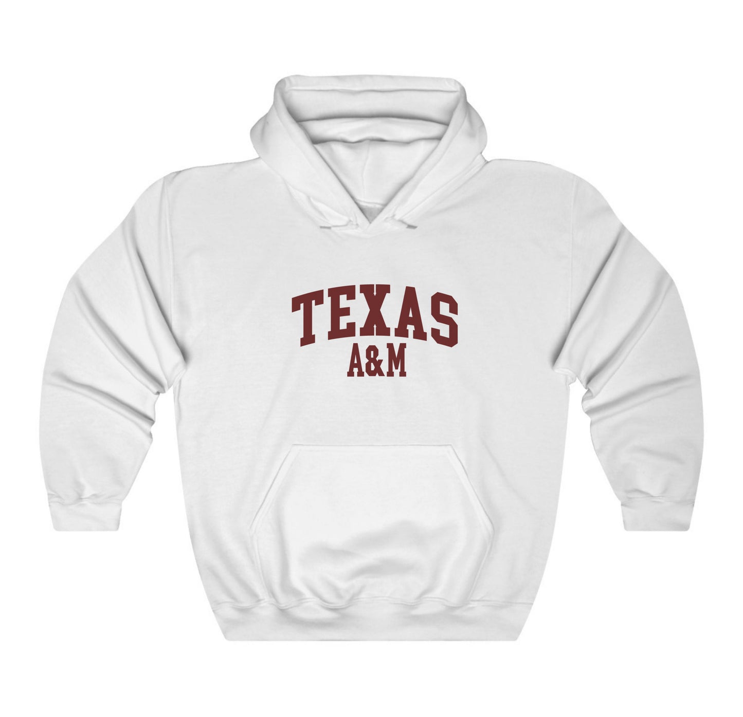 The White Adult Unisex Texas A&M Varsity Hooded Sweatshirt lays flat on a white background. The ﻿Texas A&M Varsity﻿ graphic is in bold Maroon in a Collegiate style.