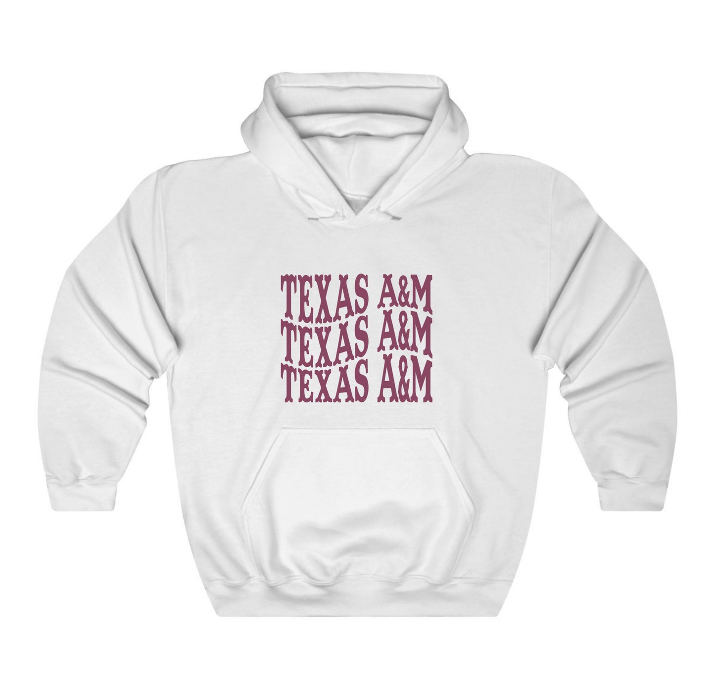 The White Adult Unisex Texas A&M Western Hooded Sweatshirt lays flat on a white background. The ﻿Texas A&M Western﻿ graphic is in bold Maroon in a Western style.