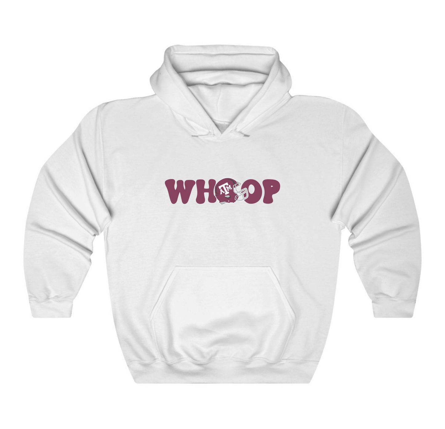 The White Adult Unisex Texas A&M Retro Whoop Hooded Sweatshirt lays flat on a white background. The ﻿Texas A&M Retro Whoop﻿ graphic is in bold Maroon in a Vintage style.