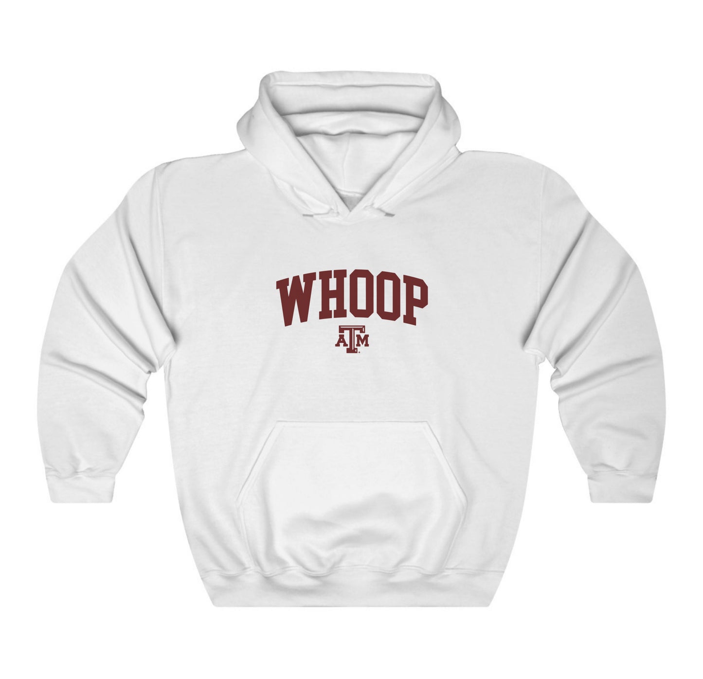 The White Adult Unisex Texas A&M Whoop Collegiate Hooded Sweatshirt lays flat on a white background. The ﻿Texas A&M Whoop Collegiate﻿ graphic is in bold Maroon in a Varsity style.