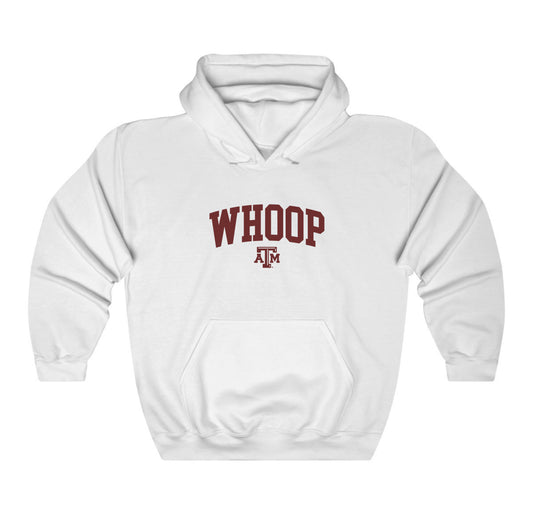 The White Adult Unisex Texas A&M Whoop Collegiate Hooded Sweatshirt lays flat on a white background. The ﻿Texas A&M Whoop Collegiate﻿ graphic is in bold Maroon in a Varsity style.