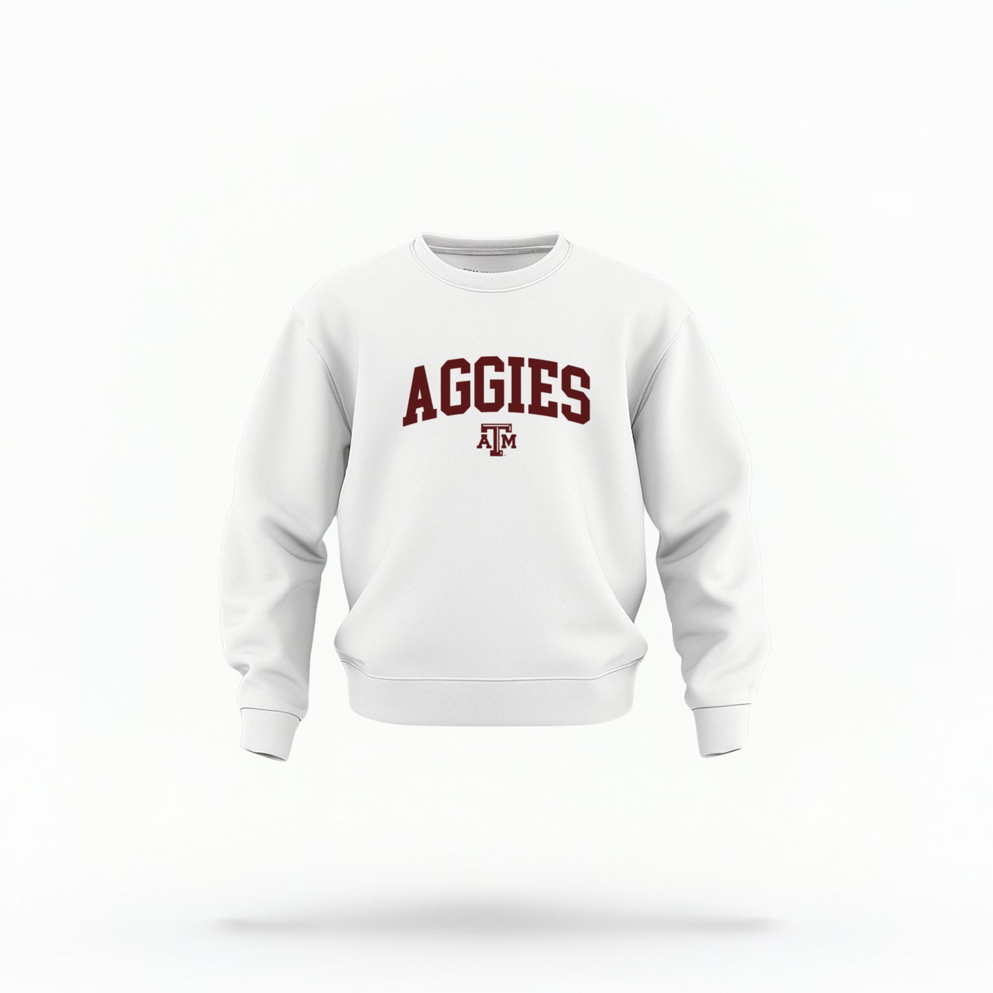 The White Texas A&M Aggies Collegiate Crewneck Sweatshirt lays flat on a white background. The ﻿Texas A&M Aggies Collegiate﻿ graphic is in bold Maroon in a Varsity style.