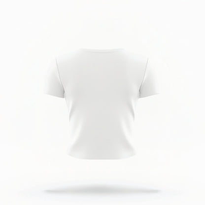 The White Womens baby Crop Top lays flat on a white background. 