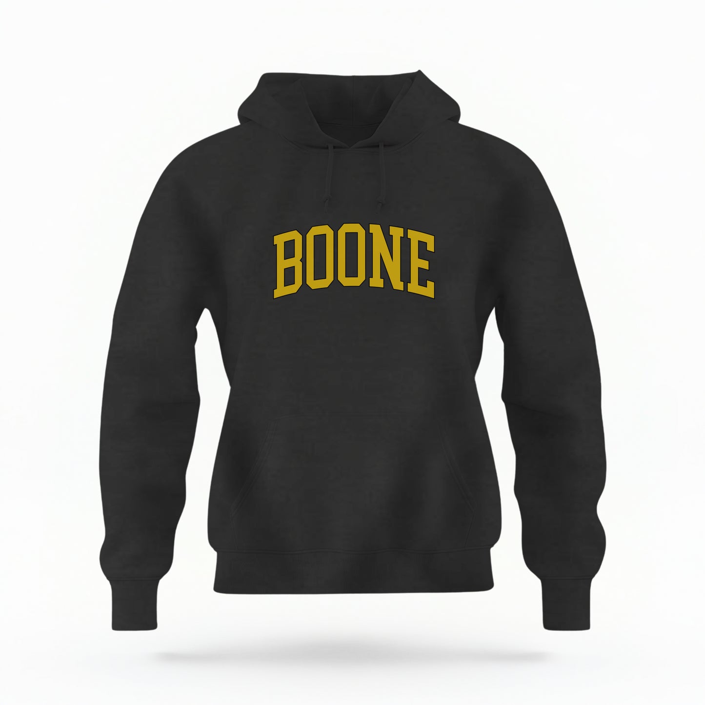 The Black Boone NC Varsity Hoodie Sweatshirt lays flat on a white background. The ﻿Boone NC Varsity﻿ graphic is in bold Gold in a Varsity style.