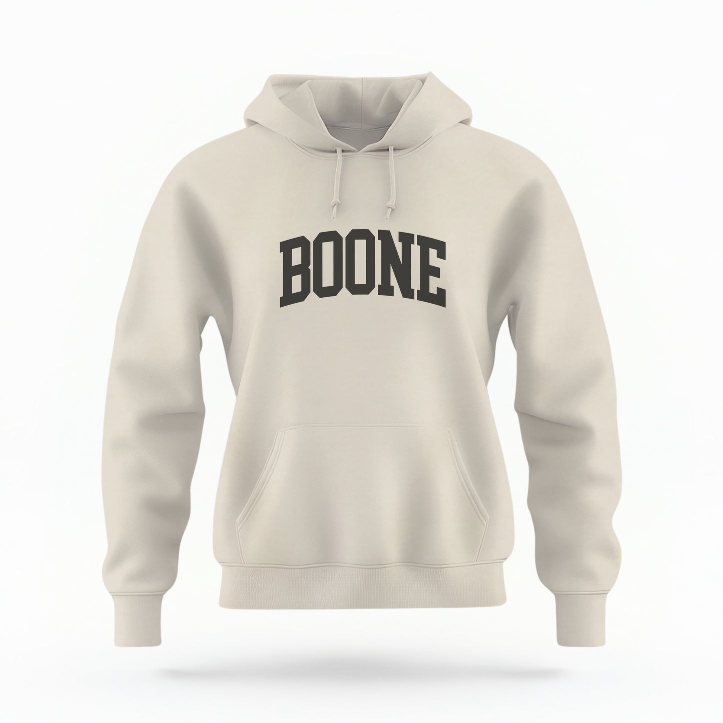 The Sand Boone NC Varsity Hoodie Sweatshirt lays flat on a white background. The ﻿Boone NC Varsity﻿ graphic is in bold Black in a Varsity style.