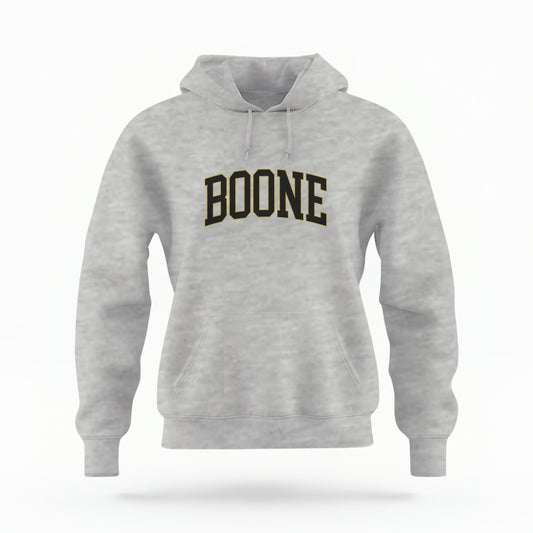 The Sport Grey Boone NC Varsity Hoodie Sweatshirt lays flat on a white background. The ﻿Boone NC Varsity﻿ graphic is in bold Black in a Varsity style.