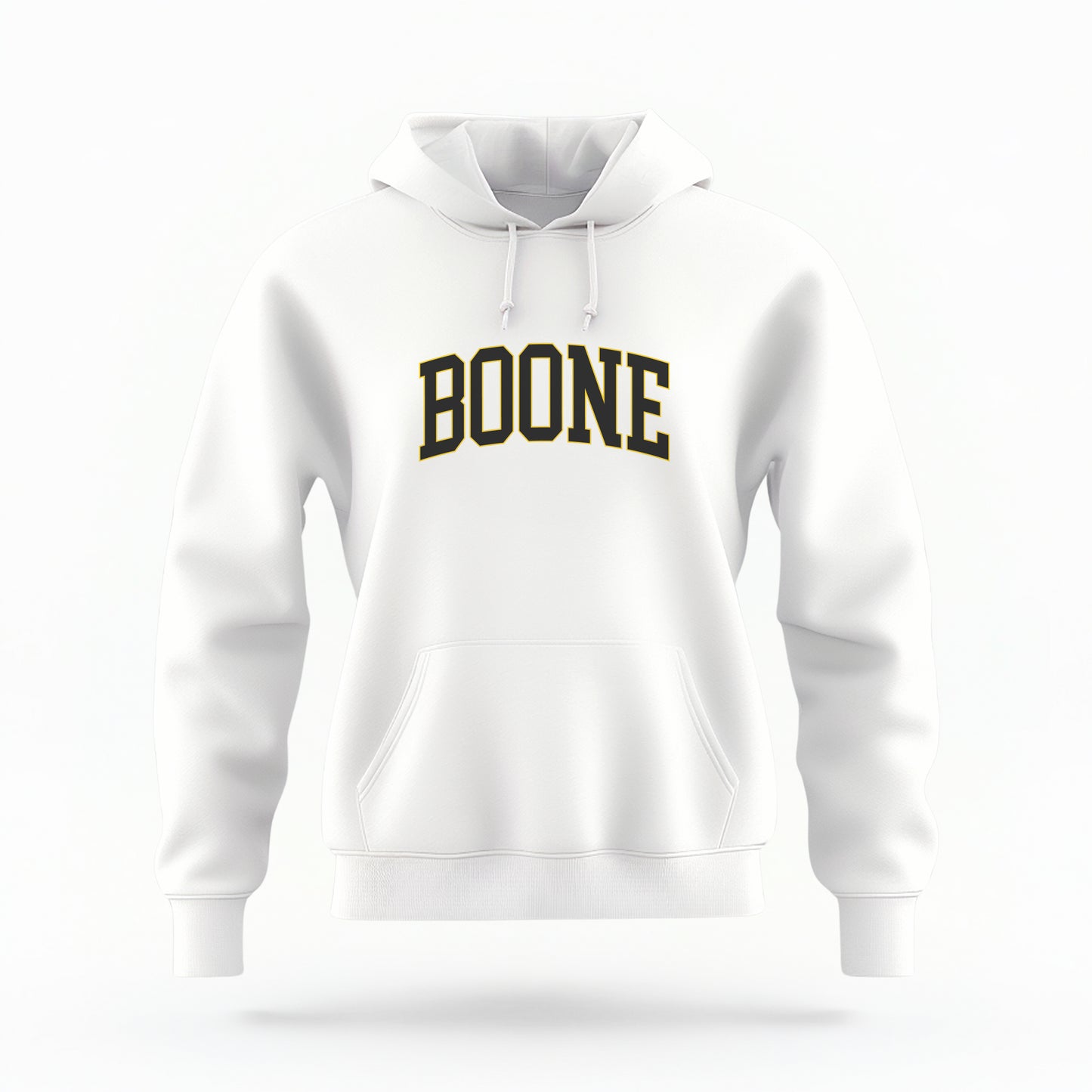 The White Boone NC Varsity Hoodie Sweatshirt lays flat on a white background. The ﻿Boone NC Varsity﻿ graphic is in bold Black in a Varsity style.