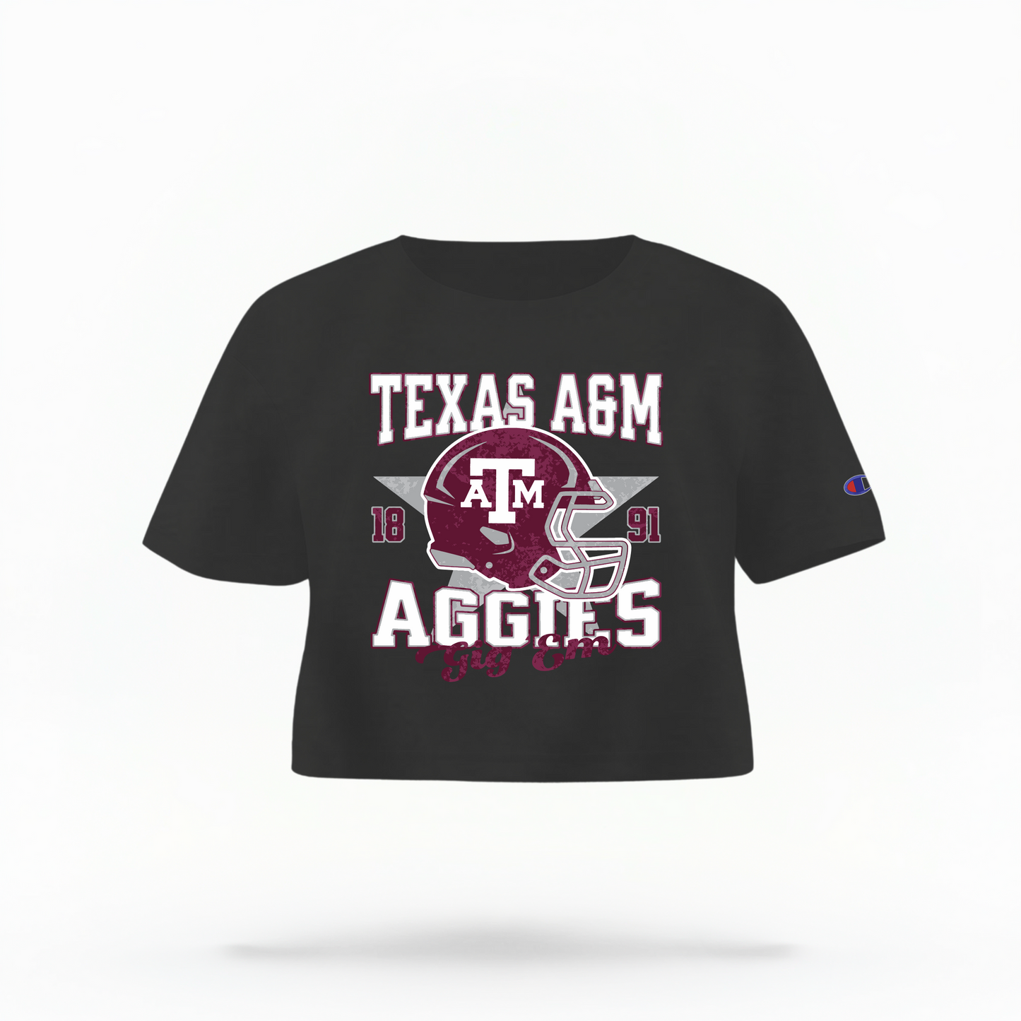 The Black Texas A&M Aggies Football Crop Top lays flat on a white background. The ﻿Texas A&M Aggies Football﻿ graphic is in bold Multicolor in a Varsity style.