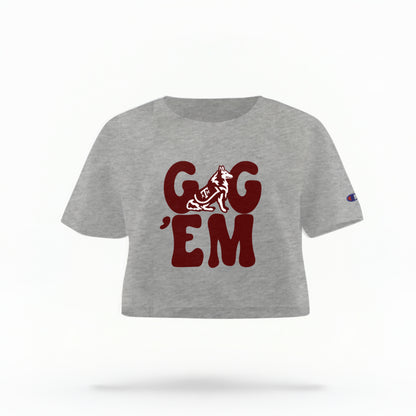 The heather Gig Em Retro Womens Crop Top is shown on a white background