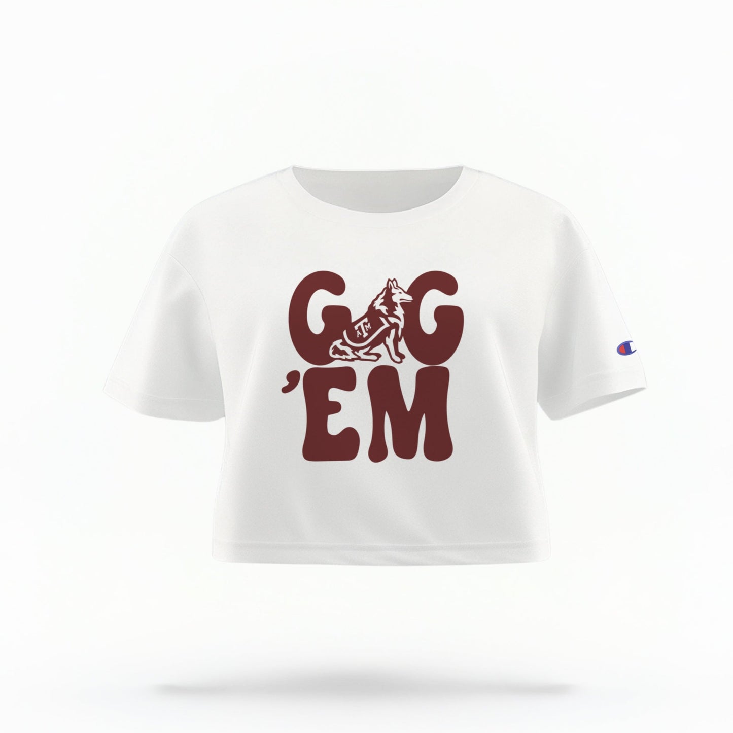 The white Gig Em Retro Womens Crop Top is shown on a white background