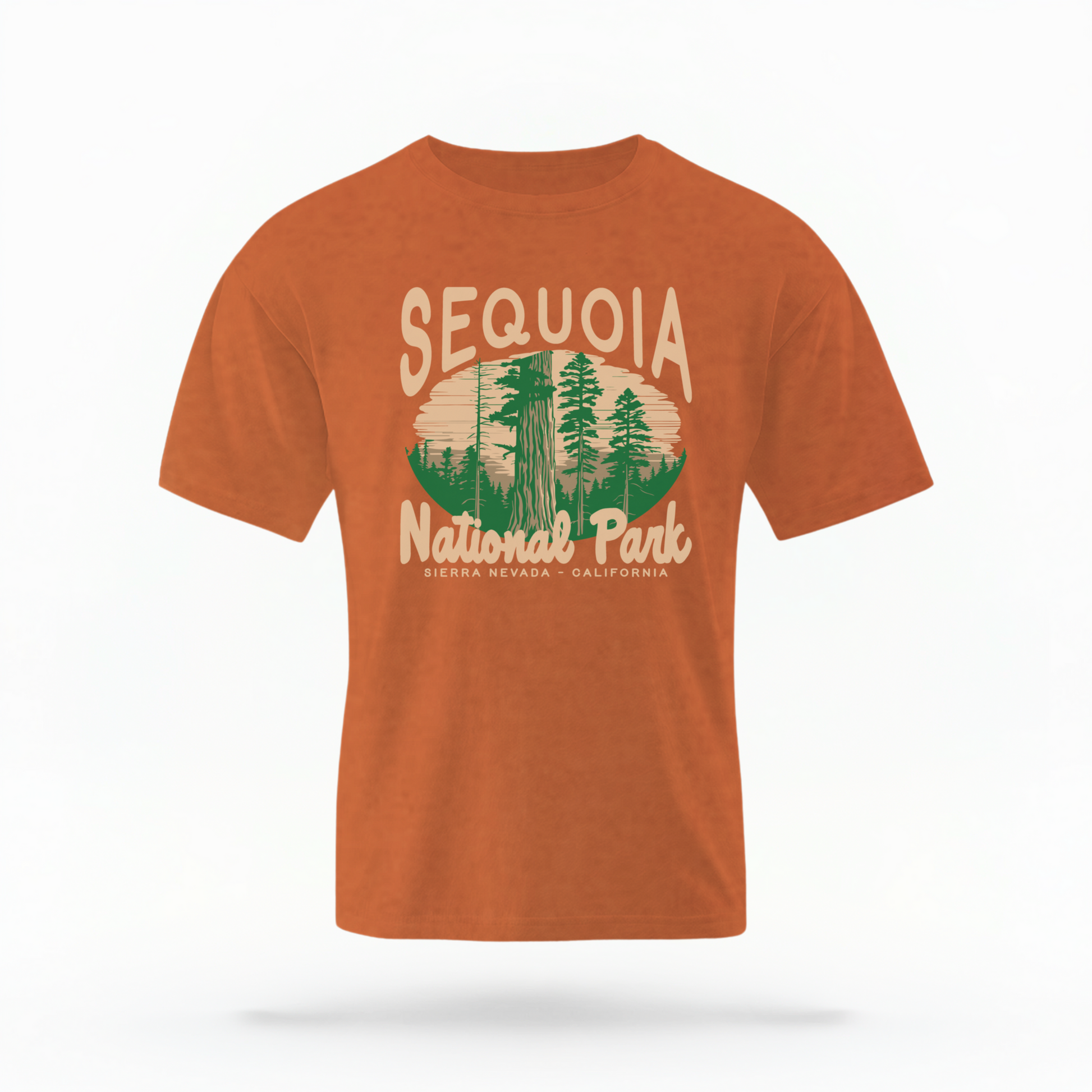 The Yam Adult Unisex Sequoia National Park Comfort Colors T-shirt lays flat on a white background. The ﻿Sequoia National Park﻿ graphic is in bold cream in a Rustic Park style.