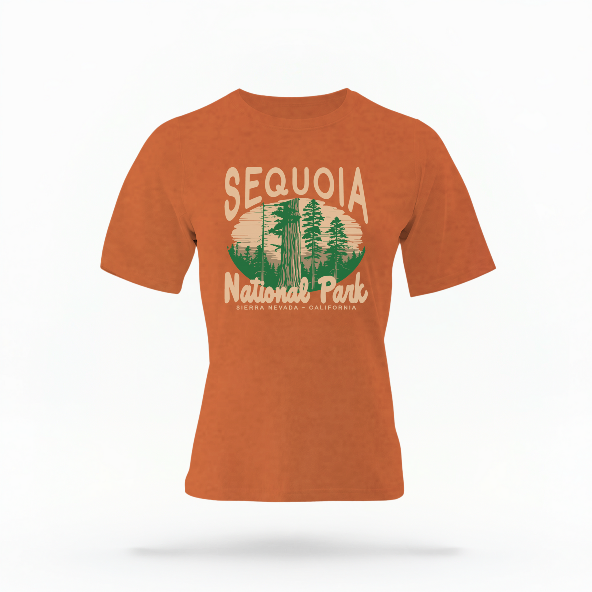 The Yam Adult Unisex Sequoia National Park Comfort Colors T-shirt lays flat on a white background. The ﻿Sequoia National Park﻿ graphic is in bold cream in a Rustic Park style.