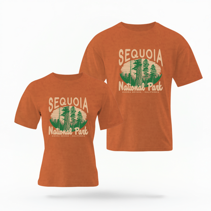 The Yam Adult Unisex Sequoia National Park Comfort Colors T-shirt lays flat on a white background. The ﻿Sequoia National Park﻿ graphic is in bold Lifestyle in a Rustic Park style.