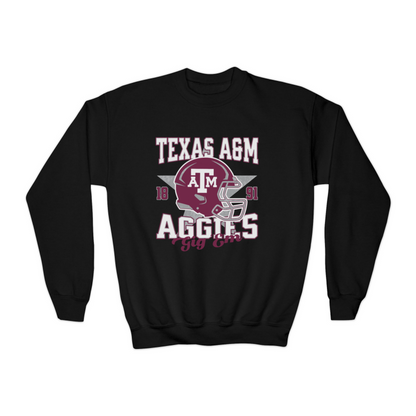 The Black Texas A&M Aggies Football Crewneck Sweatshirt lays flat on a white background. The ﻿Texas A&M Aggies Football﻿ graphic is in bold Multicolor in a Varsity style.