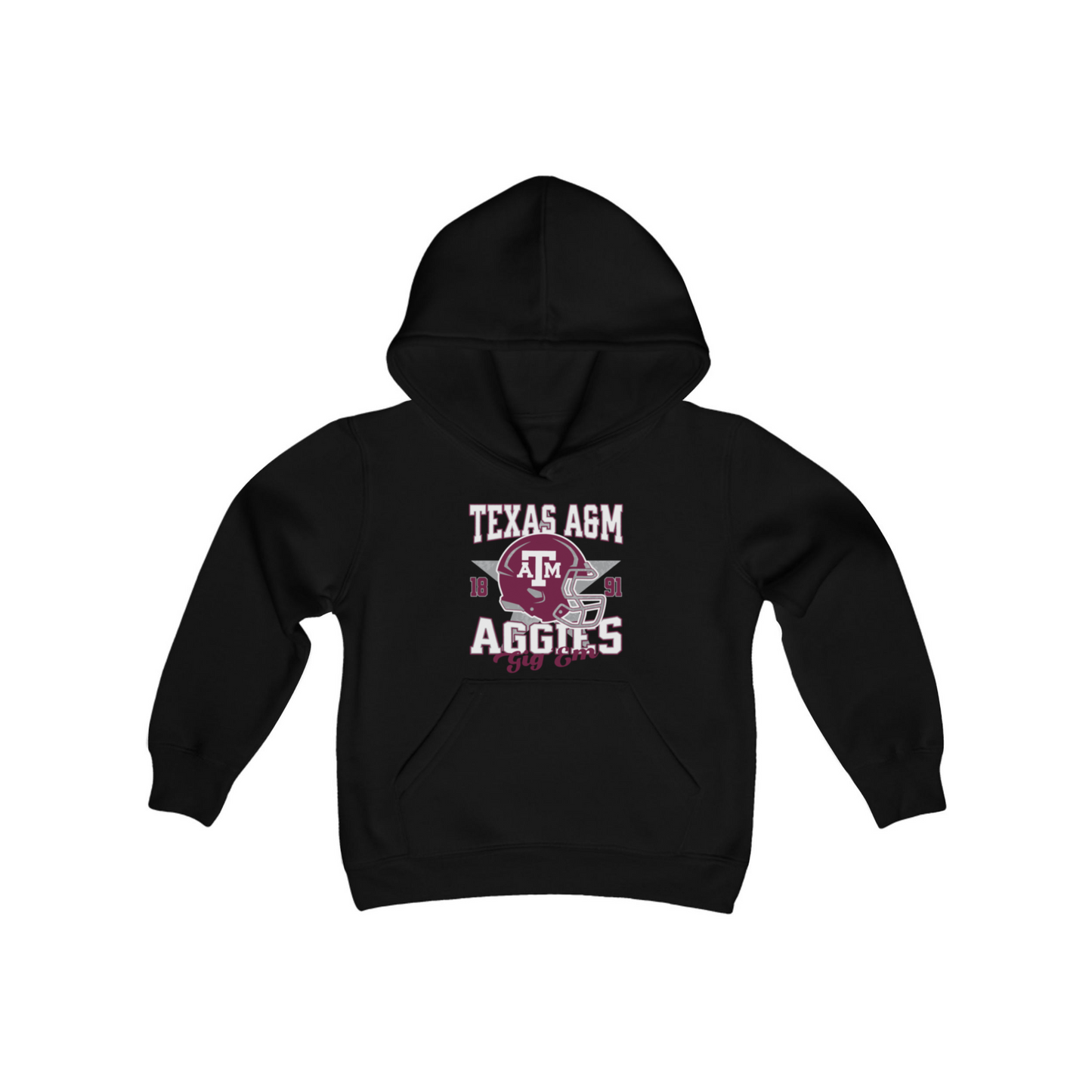 The Black Texas A&M Aggies Football Hooded Sweatshirt lays flat on a white background. The ﻿Texas A&M Aggies Football﻿ graphic is in bold Multicolor in a Varsity style.