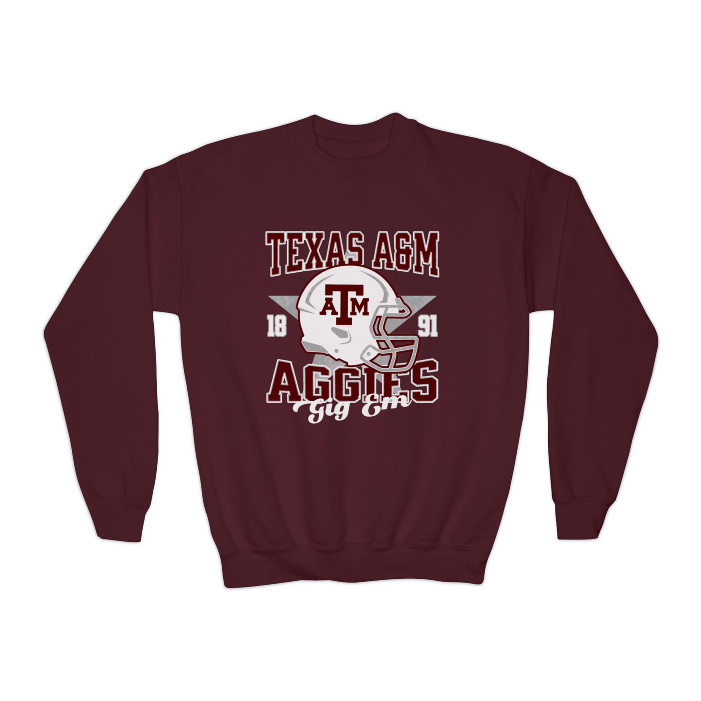 The Maroon Texas A&M Aggies Football Crewneck Sweatshirt lays flat on a white background. The ﻿Texas A&M Aggies Football﻿ graphic is in bold Multicolor in a Varsity style.