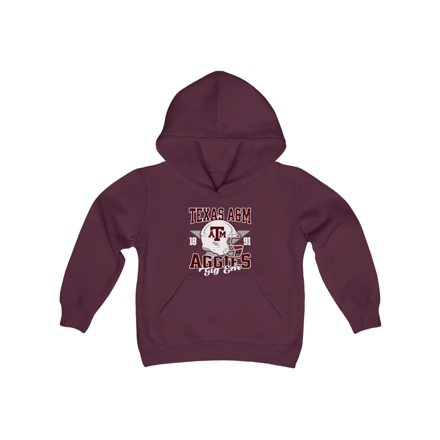 The Maroon Texas A&M Aggies Football Hooded Sweatshirt lays flat on a white background. The ﻿Texas A&M Aggies Football﻿ graphic is in bold Multicolor in a Varsity style.