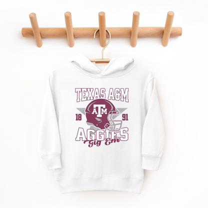 The White Texas A&M Aggies Football Hooded Sweatshirt lays flat on a white background. The ﻿Texas A&M Aggies Football﻿ graphic is in bold Multicolor in a Varsity style.